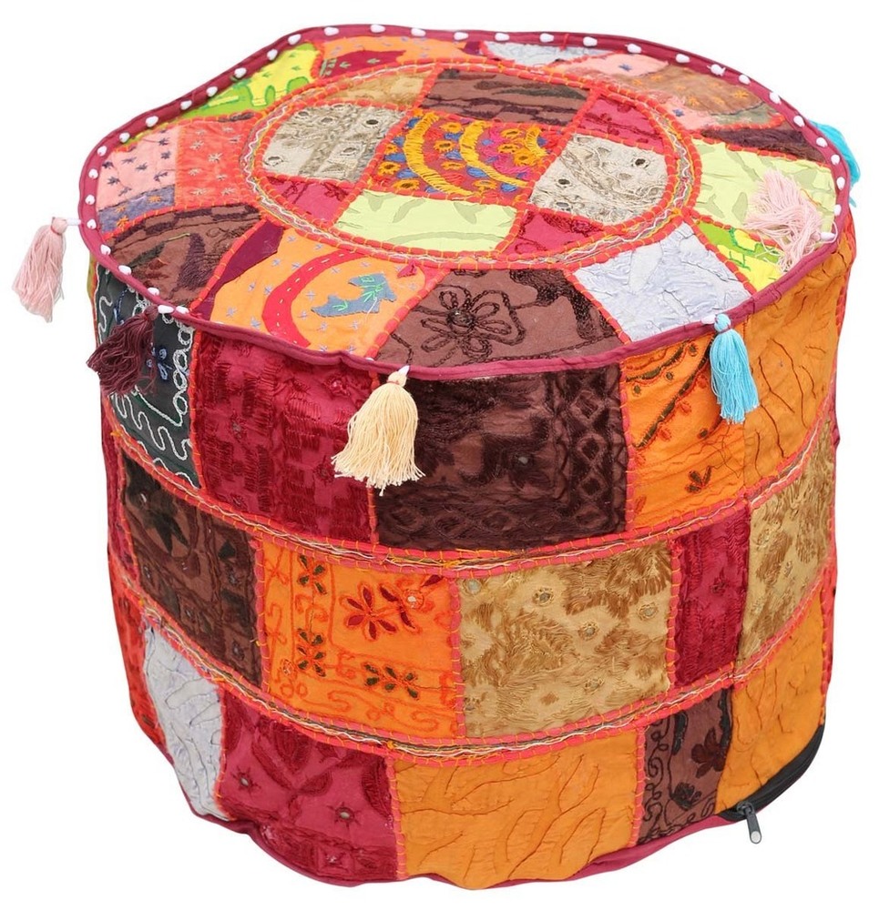 Home Decor Puffy Cover in Patchwork with Colorful Tassels