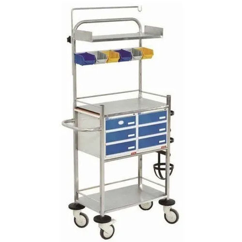 Stainless Steel Crash Cart Trolley - 940L x 500W x 1535H mm, Six Colour Removable Bins, Two Polystyrene Storage Units with Six Drawers, Cylinder Holder & SS IV Rod, Two SS Shelves and Push Handle, 4 x 12 cm Castors with Two Brakes