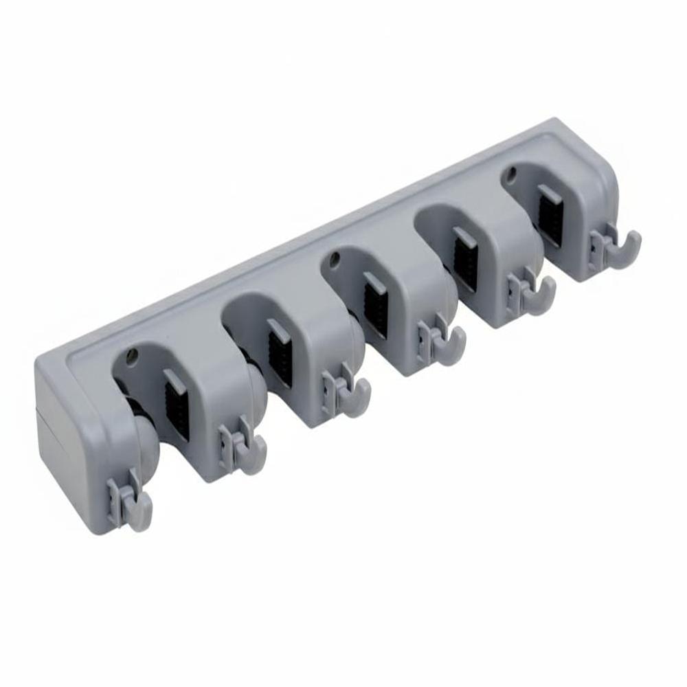 Mop Holder - Plastic, 40cm X 6cm X 8cm, Gray | 5-slot Capacity, Manual Clamping Mechanism For Organizing Cleaning Tools