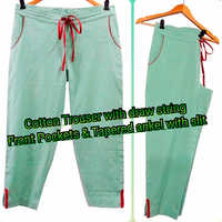 Cotton Trouser - Green, Tapered Fit With Drawstring Waist And Ankle Length, Featuring Front Pockets