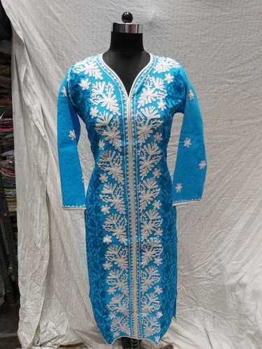 Ladies Cotton Makhmali Embroidery Kurti - Sizes S to XXXL, Blue | Full Sleeves, Anti-Wrinkle, Breathable, Plus Size, Hand-Embroidered Aari Work, Handcrafted for Summer