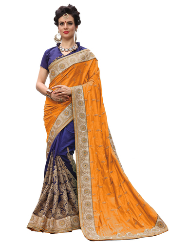 Heavy Embroidered Silk Saree - 5.5 Mtr Length with Unstitched Blouse 0.80 Mtr | Festive Wear, Stone Work, Bollywood Style in Orange