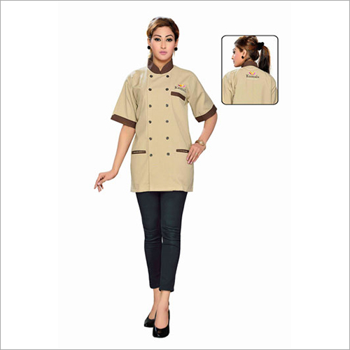 Hospital Housekeeping Uniform - Polyester Fabric, Size S-XL, Beige Color - Half Sleeves, Mandarin Collar, Button Closure, Chef Jacket Style