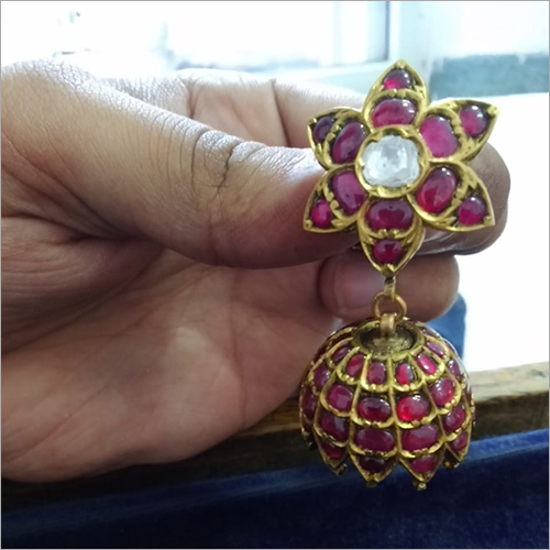 Ladies Stone Studded Earrings - Gold Plated Metal, Customized Sizes & Weights, Bright Maroon Stones, Ideal for Parties & Weddings