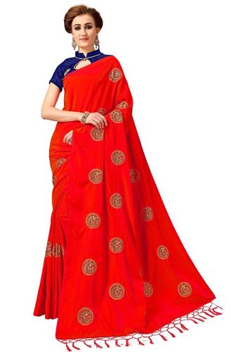 Red Silk Embroidered With Tassel Border Saree Collection