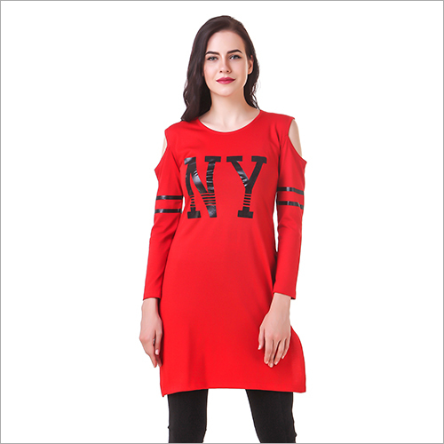 Red Ladies Off Shoulder Long T-Shirt