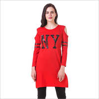 Red Ladies Off Shoulder Long T-shirt