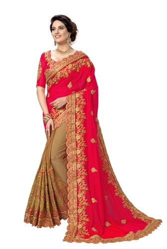 Silk Embroidered Saree - 5.5 Mtr Length, Unstitched Brocade Blouse | Traditional Geometric Design, Lace Border, Available in Pink, Dark Green, Navy Blue, Purple