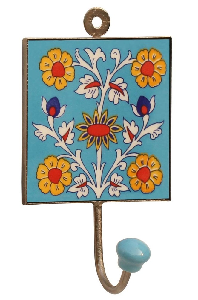 Ceramic Wall Hook - 6.1 Inch Hand Painted Floral Motifs Blue Square Design for Indoor Decor