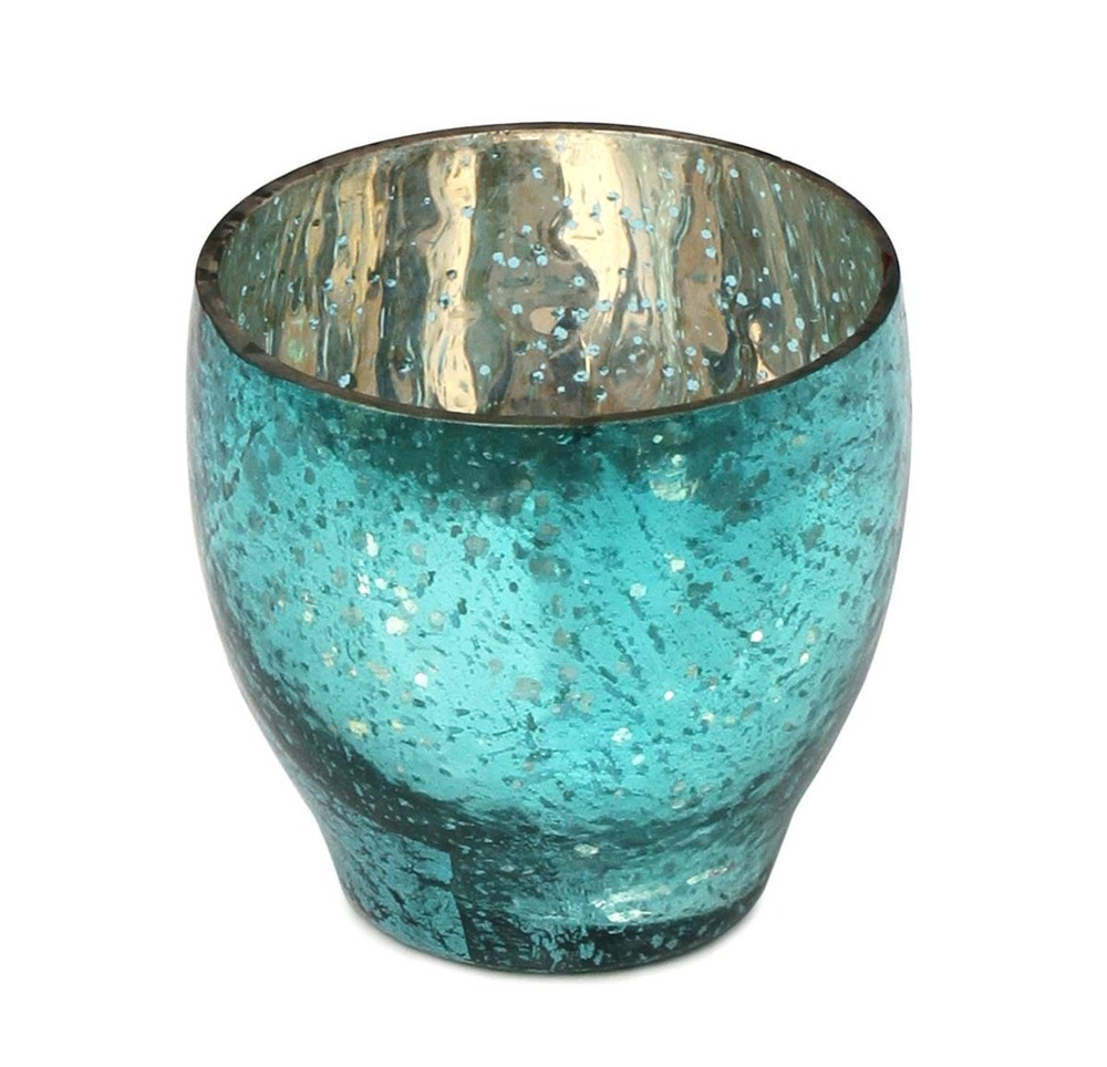 Tea Light Candle Holder - Glass | 3.3 Inch Round, Turquoise Dotted & Mottled Design, Classical & Modern Style, Perfect for Indoor & Outdoor Decoration