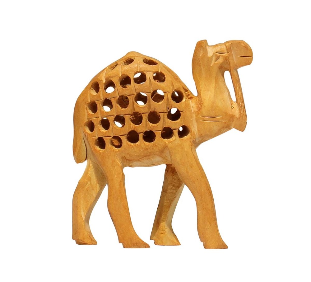 Wood Open Work Art Camel Sculpture - Kadam Wood, 4.1 Inch, Golden | Hand Built, Indoor Outdoor Decor
