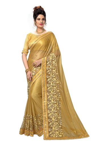 Gold Embroidery Saree - Lycra & Net Fabric, 5.50 Mtr Length, Golden Beige Color, Embellished with Stone Work & Pearl Border, Festive Wear for Social Events