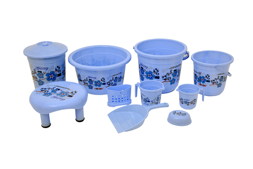 Bathroom Set - 10 Pcs Gold Collection, Durable Plastic, Stylish Blue Design | 16L & 5L Buckets, 18L Tub, Printed Dustbin, Stools & Mugs