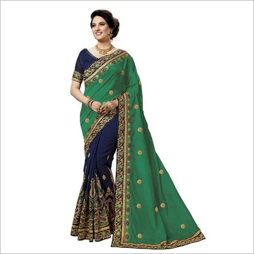 Green Pretty Embroidered Half And Half Satin Silk Collection