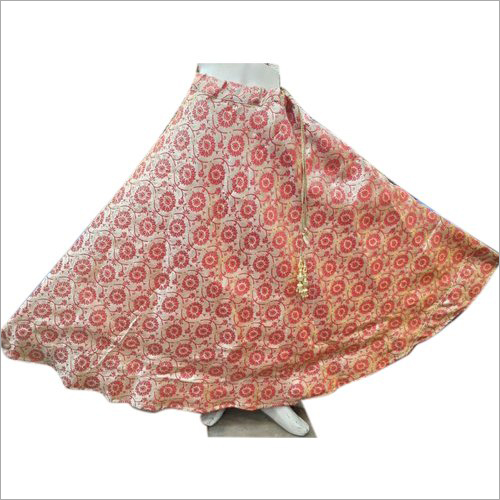 Girls Long Skirt - Brocade Fabric, Size S-XXL | Pink and Multicolor Printed Design, Perfect for Party Wear in All Seasons
