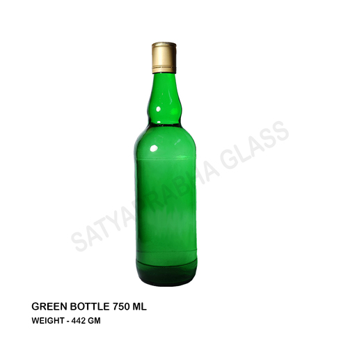 Glass Bottle - 750 ml Narrow Neck, Green Color | Screw Cap, Rigid Structure, Round Shape, Transparent