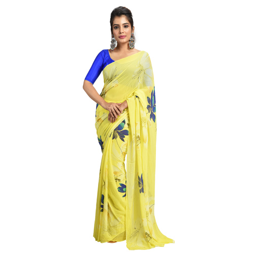 Lemon Yellow Digital Printed Designer Bollywood Saree
