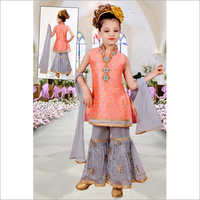 Girls Designer Sharara Suit - Silk And Cotton Blend, Grey And Orange Color | Breathable And Comfortable, Customizable With Printed Patterns