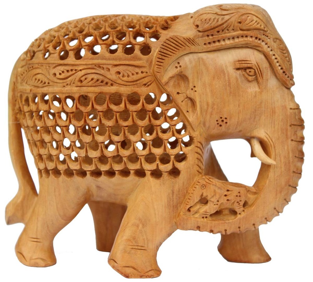 Wooden Figurine and Statue of Mother and Baby Elephant