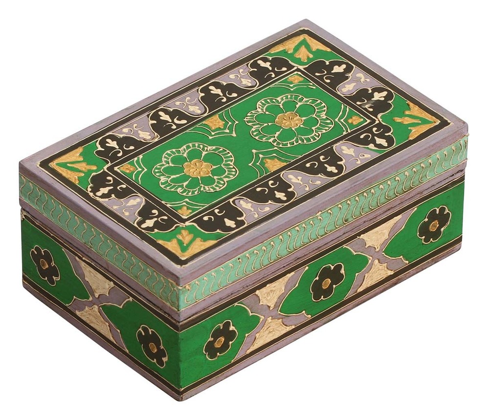 Wooden Vintage Look Jewelry Box - Cone Painted Carpentry Art, Green & Black Square Design | Decorative Option for Jewelry, Trinkets & Collectibles, Classical & Modern Style