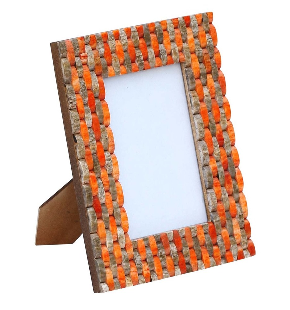 Photo Frame - Metal Casting Art 7 Inch Square Design | Orange & Brown Tile Striped Pattern Decorative Vintage Style for Indoor & Outdoor Use