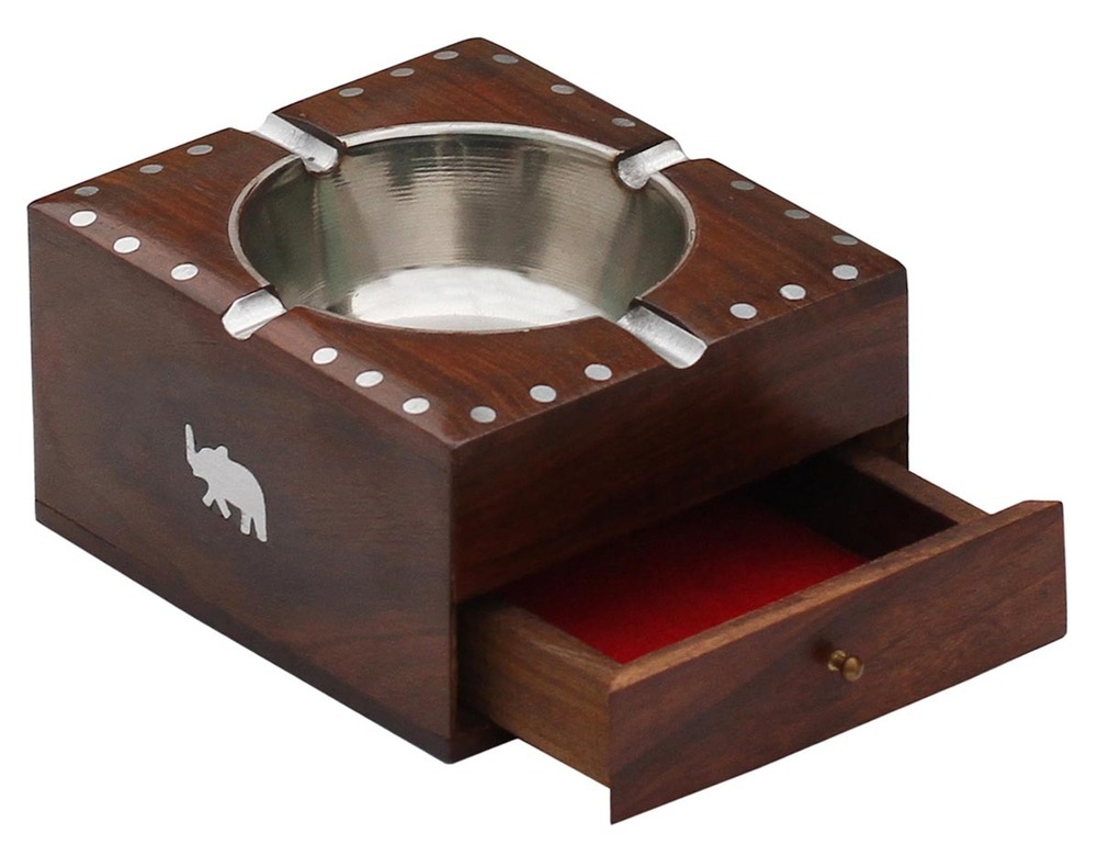 Wooden Ashtray With Holder Slots & Storage Drawer