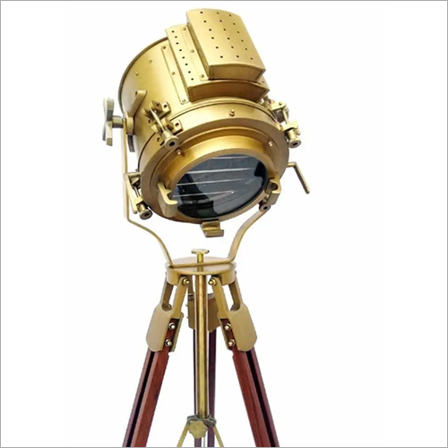 Nautical Antique Finish Brass Spotlight Searchlight Wooden Tripod Floor Lighting 