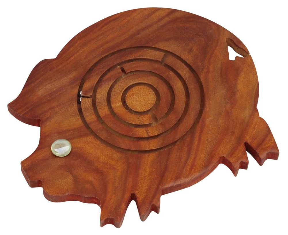 Labyrinth Board Games - Hand Carved Sustainable Wood Round Brown | Fish Design Portable Size Indoor Outdoor Tactile Motor Skill Game