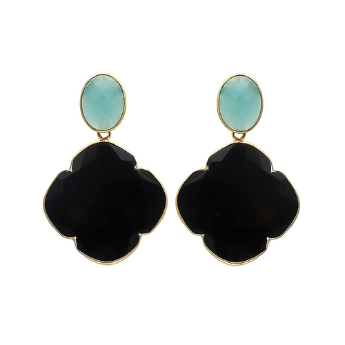 Oval Black Onyx & Aqua Chalcedony Gemstone Earrings