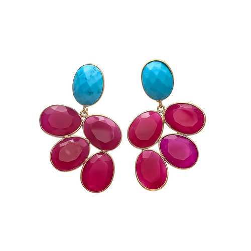 Oval Turquoise & Fuchsia Chalcedony Gemstone Earrings