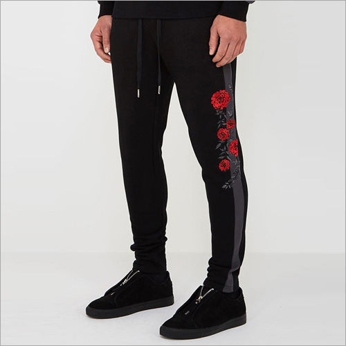 Mens Black Rose Embroidered Joggers