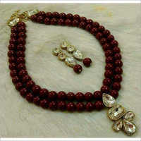 Glass Maroon Beads Necklace Set