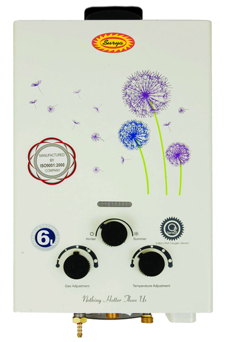Surya Gas Geyser - Metal, 6L Kg/hr, White & Purple | Heavy Duty Tank, 11mm Heat Exchanger Pipe, 260mm Wide Burner, Oxygen Sensor, A Class Solenoid