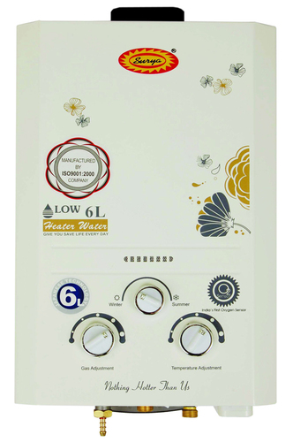 Surya Instant Gas Geyser - Metal, Wall Mounted, 6L Kg/hr, White & Gold | Heavy Duty Tank, Wider Heat Exchanger Pipe, Oxigen Sensor, Class A Solenoid