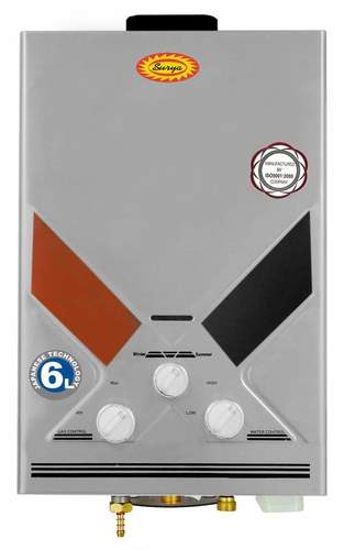 Surya Instant Gas Geyser - Metal, Capacity: 6l T/hr, Wall Mounted, Stainless Steel, Tankless, LPG Gas Type | Oxygen Sensor, Heavy Duty Tank, Wider Copper Pipes