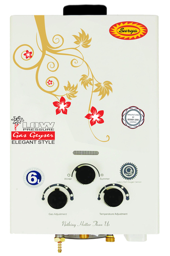 Surya Instant Gas Geyser - Metal, 6l Kg/hr, White & Gold | Heavy Duty Tank, Wider Burner, Copper Pipe Efficiency, Oxygen Sensor Safety
