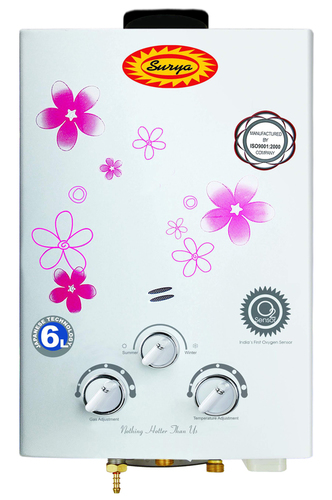 Surya Instant Gas Geyser - Metal, 6 Kg/hr, White & Pink | Oxygen Sensor, Heavy Duty 0.45mm Tank, Wider 11mm Heat Exchanger, A Class Solenoid