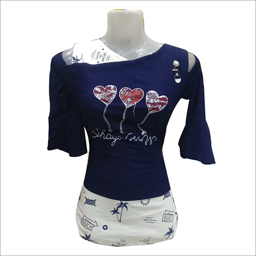 Ladies Quotes Printed Top - Cotton, Short Sleeves, White and Blue | Anti-Wrinkle, Breathable, Quick Dry, Washable, Beaded Decoration