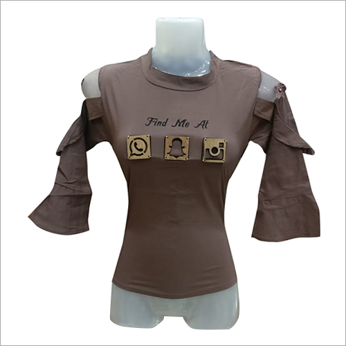 Brown Ladies Casual Cold Shoulder Top