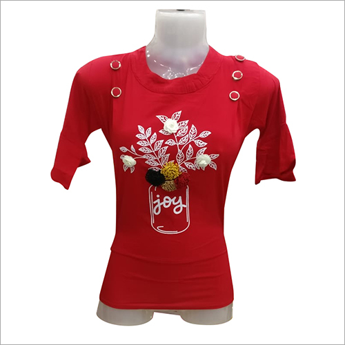 Ladies Crochet Work Top - Cotton With Embroidered Pattern Red Color With Bead Decoration Short Sleeves Anti-Wrinkle And Breathable