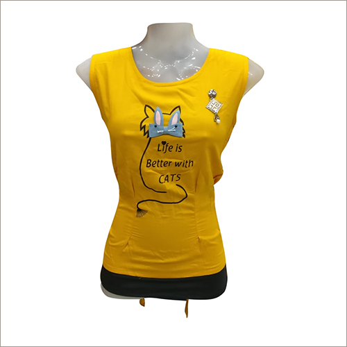 Yellow Ladies Sleeveless Printed Top