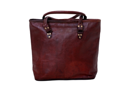 Goat Leather Tote Bag - 13x17x5 Inches, Handmade Vintage Style with Zipper Closure and Canvas Lining