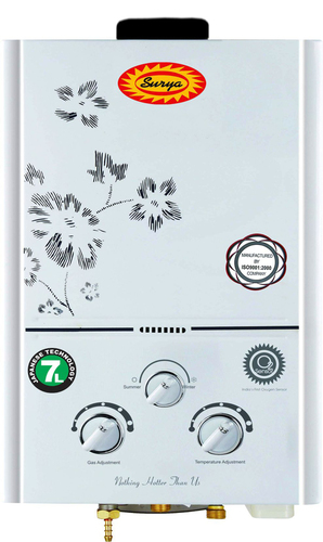Surya Instant Gas Geyser - Metal, 7 Liter Kg/hr, White | Heavy Duty 0.45mm Sheet, 3200mm Copper Pipe, 95% Efficiency, Oxygen Sensor, Wider Burner