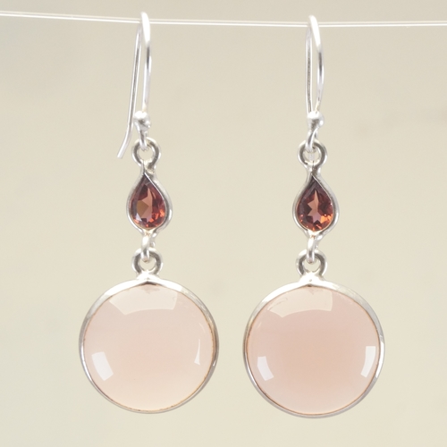 Gemstone Earring - 1 Pair, Fine Silver, 1.66 Inch Long, Pink Chalcedony & Garnet Stones, Red Pink & Silver Color, Ideal for Women and Children, Gift for Weddings and Anniversaries
