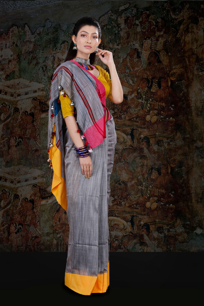 Multi Colour Grey Body With Yellow And Red Border Hand Woven Blended Cotton Saree With Runing Blouse Piece