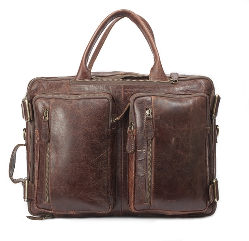 Buffalo Leather Laptop Briefcase Backpack - Fits Laptops Up to 18.9x13.8x7.1 Inches, Brown, Retro Style with Soft Touch and Brass Attachments