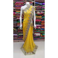 Zardosi Work Sarees - Silk, 5.5 Yards Length, Yellow Color | Handcrafted Embroidery, Wedding Occasion, Includes Blouse Piece