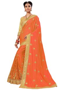 Silk & Net Embroidered Saree - 5.5 Mtr Length, Multicolor Geometric Design | Unstitched Brocade Blouse With Mirror & Thread Work