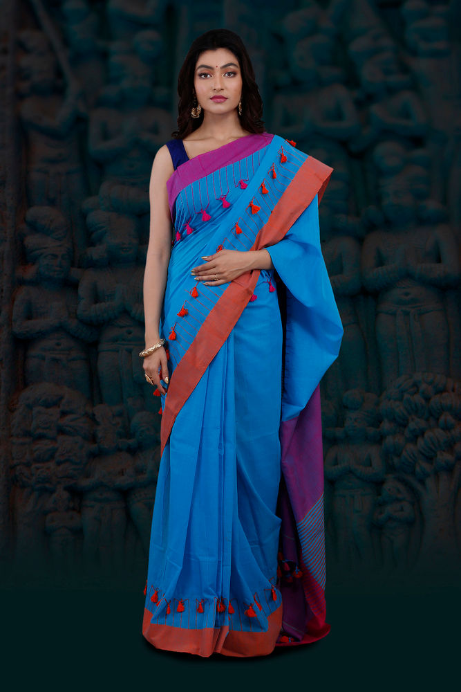 Handwoven Bengal Handloom Turquoise Blue And Orange Hand Woven Pure Cotton Saree