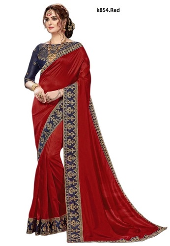 Embroidered Lace Border Satin Saree - 5.5 Mtr Length, Dupion Silk Blouse 0.80 Mtr | Traditional Red, Bollywood Style, Perfect for Weddings and Festivals